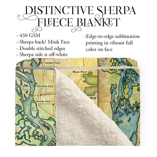 Pool 8 Mississippi River LaCrosse Wisconsin Map Blanket Double Stitched Edges Fluffy Super Soft 430 GSM Polyester Throw Blanket