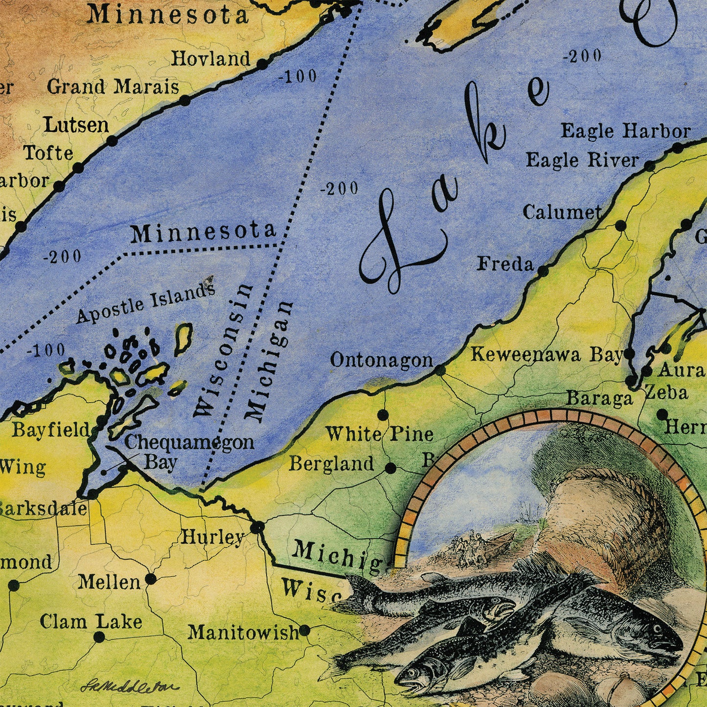 Lake Superior Historic Antique Map Art Print Poster Vintage Artwork Wall Art Decor For Home Office Livingroom Classroom Lakehouse Any Room Decor & Great Gift