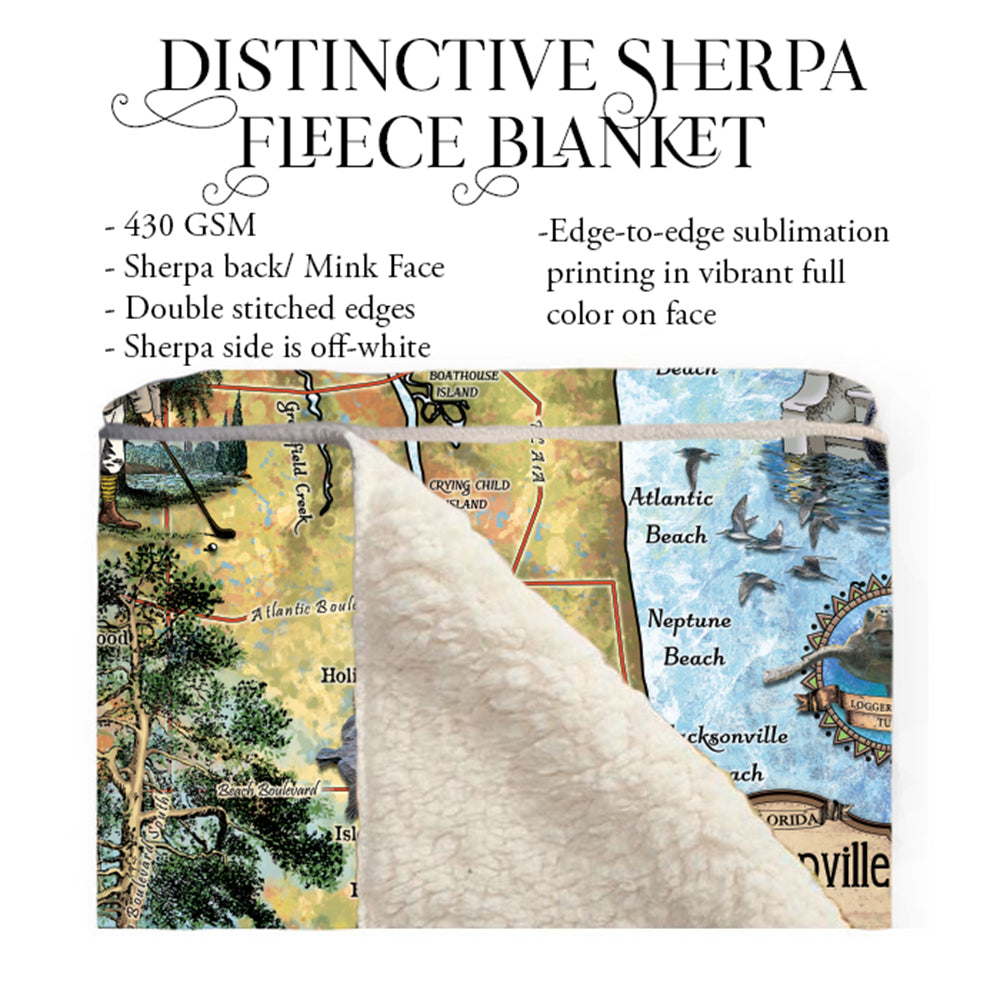 Jacksonville The Beaches of Florida Map Blanket Double Stitched Edges Cozy Luxury Fluffy Super Soft 430 GSM Polyester Throw Blanket
