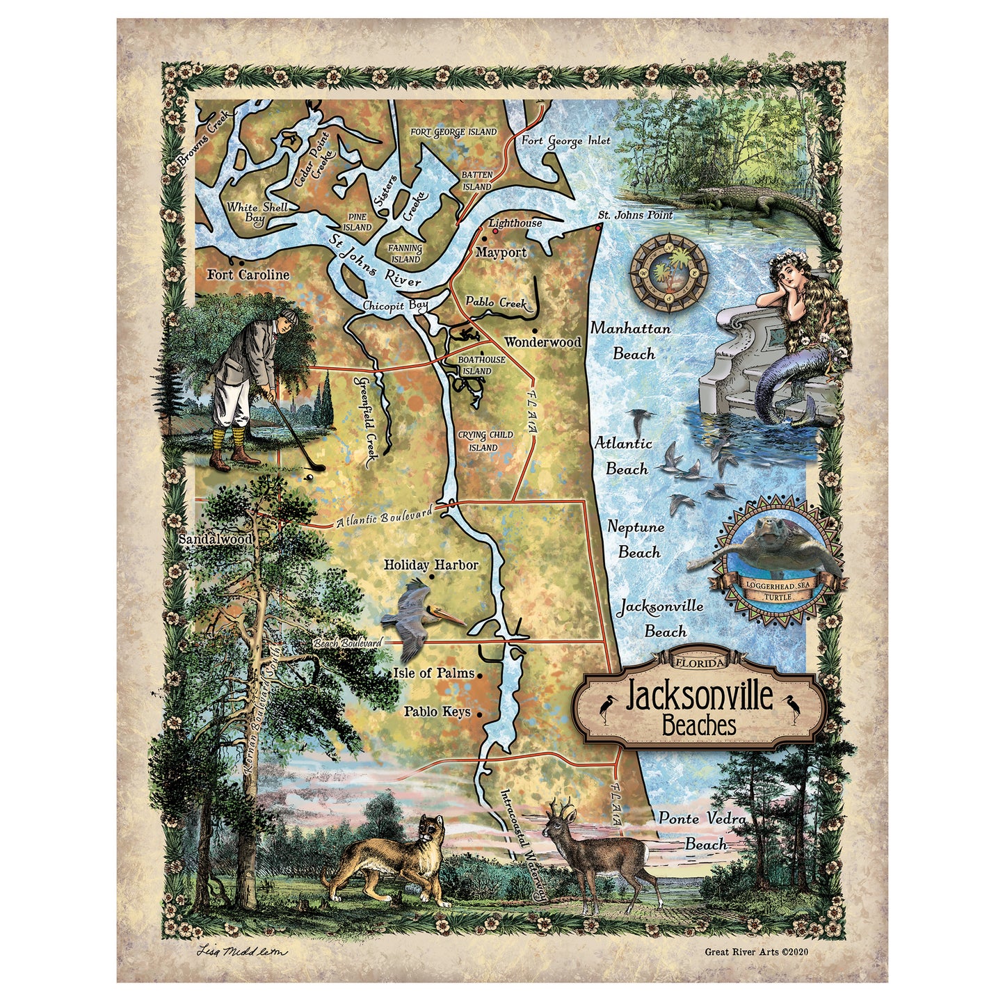 Beaches of Jacksonville, Florida, florida art, jacksonville map, coastal art, coastal decor, beach house, florida decor, ocean art, wall map