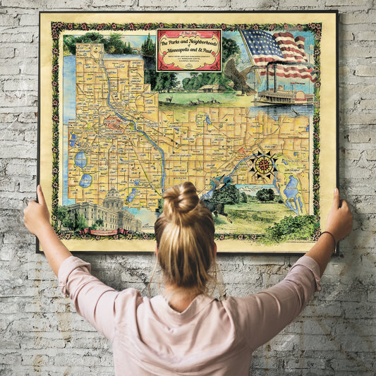 152 Parks and Neighborhoods of Minneapolis and St. Paul Minnesota vintage historic antique map poster print by Lisa Middleton