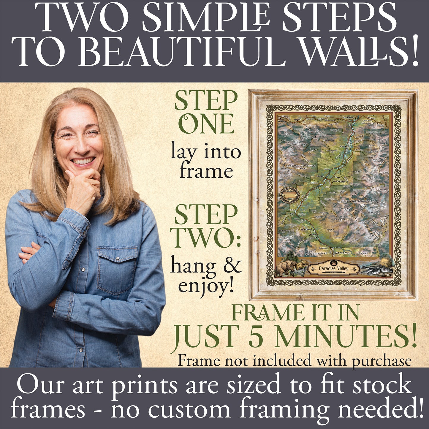 Montana map, paradise valley, bozeman, chico, livingston, yellowstone national park map, montana art, horse art, bear art map hand painted