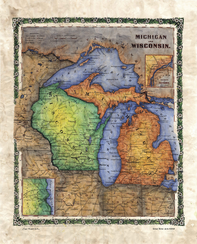 Antique Map of Wisconsin and Michigan, Lake Michigan, Antique Reproduction Map for Wall Decoration, Lake Superior, Old Map Print, 1858 map