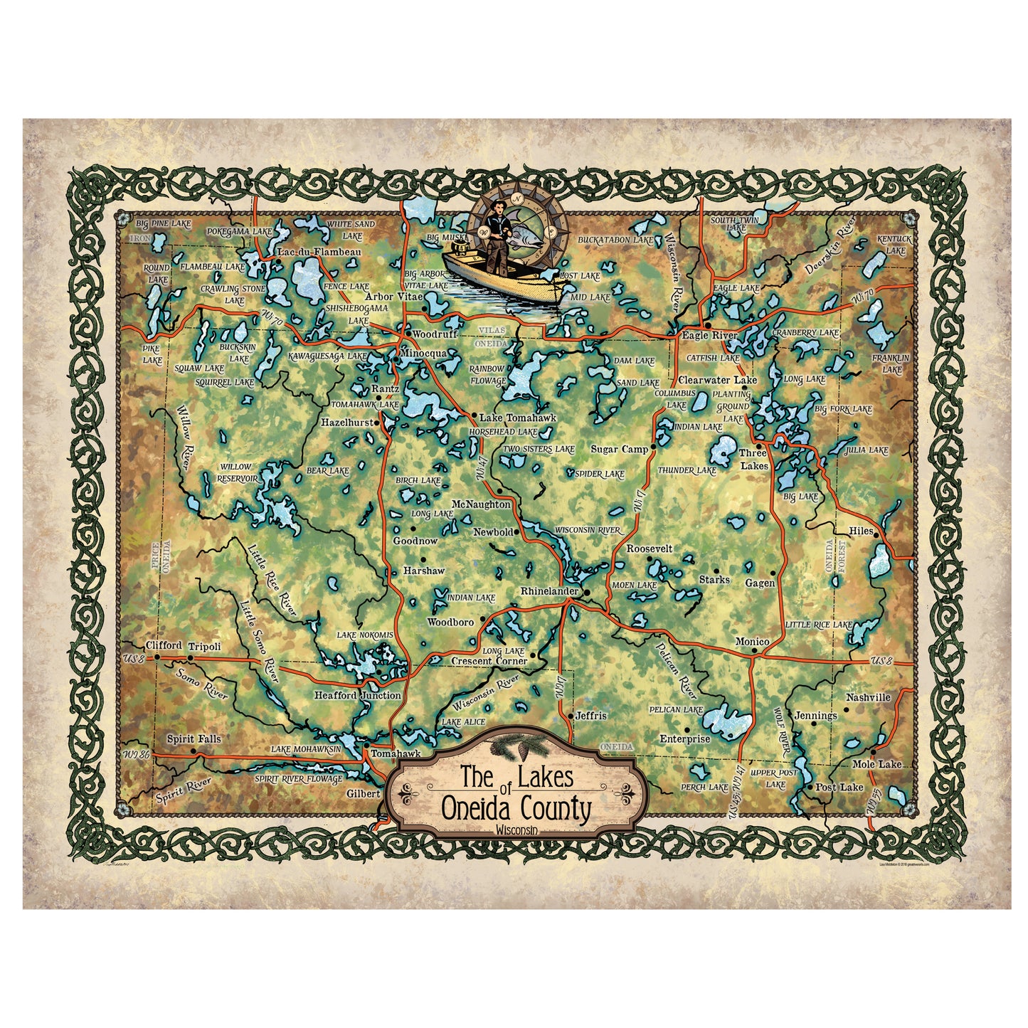 Great River Arts Lakes of Oneida County Historic Map Reproduction Artwork Wall Art Print Vintage