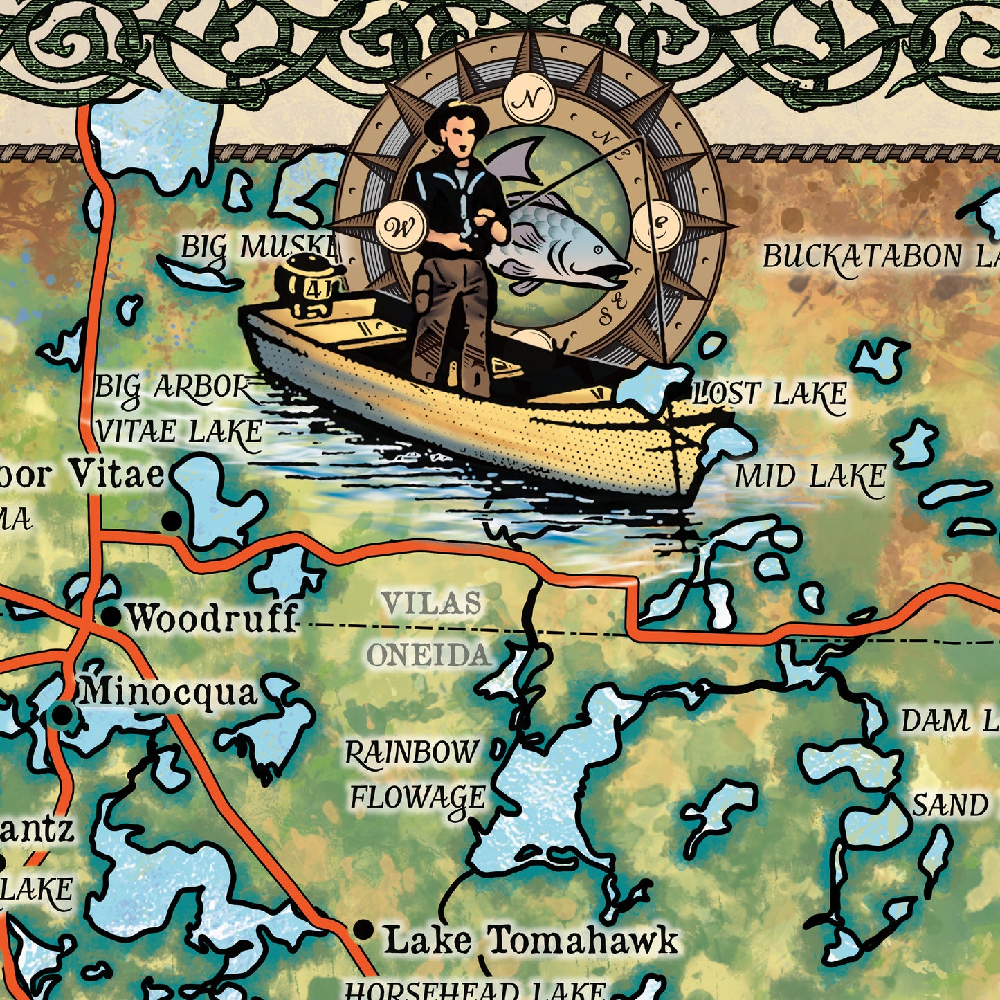 Great River Arts Lakes of Oneida County Historic Map Reproduction Artwork Wall Art Print Vintage