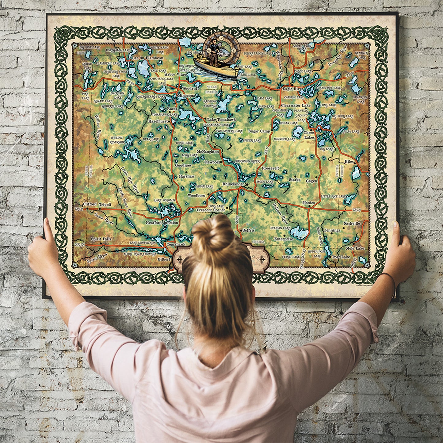 Great River Arts Lakes of Oneida County Historic Map Reproduction Artwork Wall Art Print Vintage