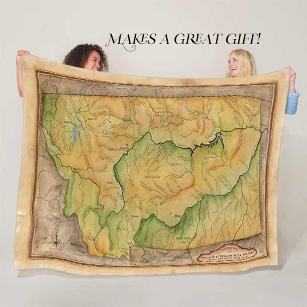 Great River Arts Rivers Historic Montana Map Sherpa Fleece Blanket Double Stitched Edges Cozy Luxury Fluffy Super Soft 430 GSM Polyester - Sherpa/ Silky/ Polar Fleece Throw Blanket