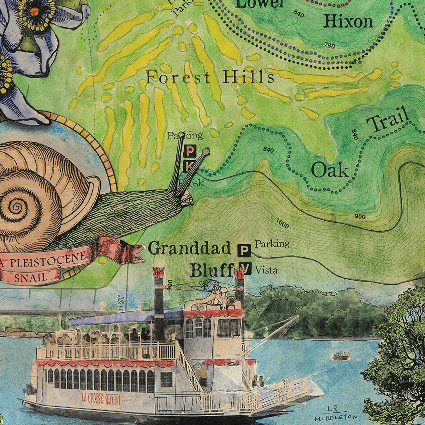 168 Hiking trails of Hixon Forest LaCrosse WI winnebago lake,lake superior,antique map,Hand Painted map,Great River Arts,map art by Lisa Mid