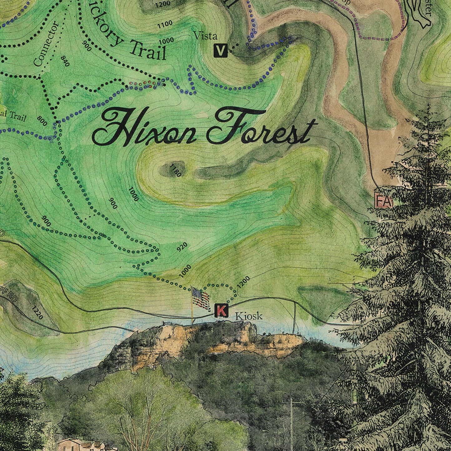 168 Hiking trails of Hixon Forest LaCrosse WI winnebago lake,lake superior,antique map,Hand Painted map,Great River Arts,map art by Lisa Mid