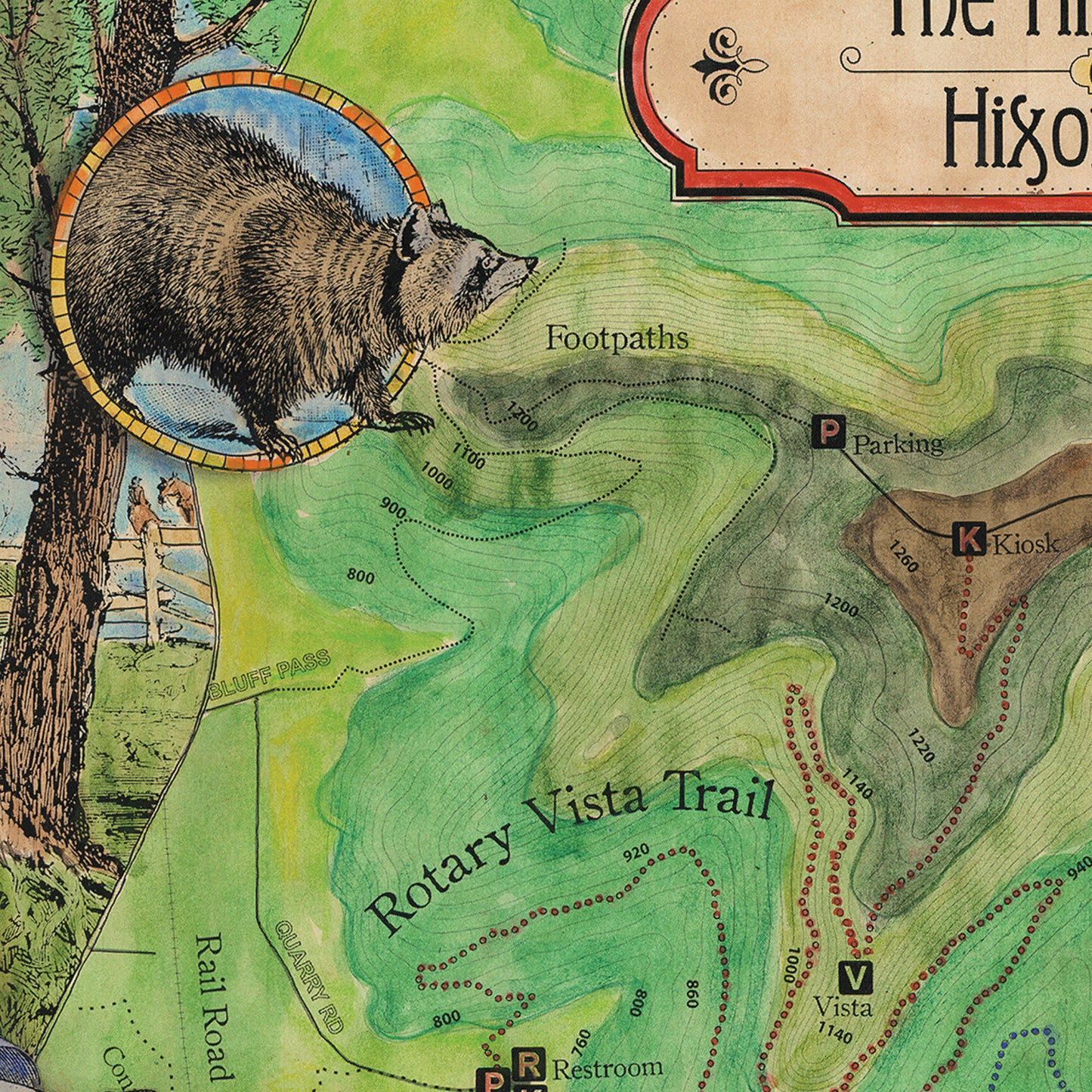 168 Hiking trails of Hixon Forest LaCrosse WI winnebago lake,lake superior,antique map,Hand Painted map,Great River Arts,map art by Lisa Mid