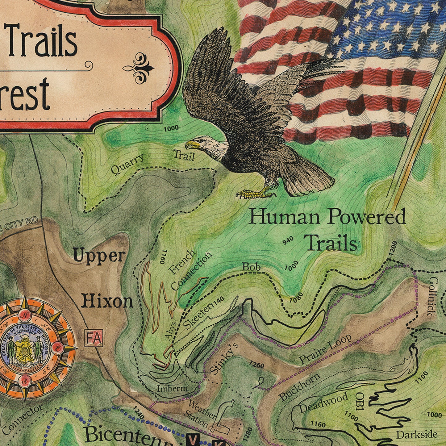 168 Hiking trails of Hixon Forest LaCrosse WI winnebago lake,lake superior,antique map,Hand Painted map,Great River Arts,map art by Lisa Mid
