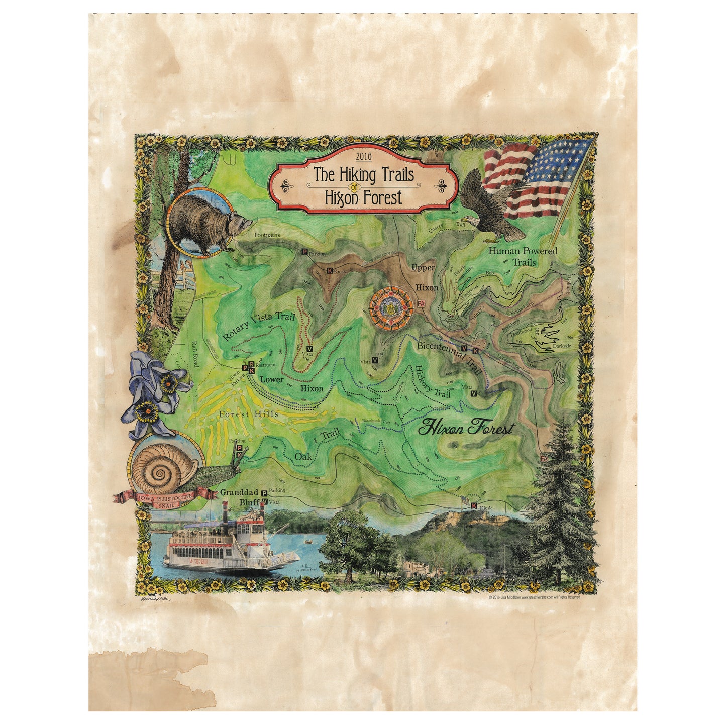 168 Hiking trails of Hixon Forest LaCrosse WI winnebago lake,lake superior,antique map,Hand Painted map,Great River Arts,map art by Lisa Mid