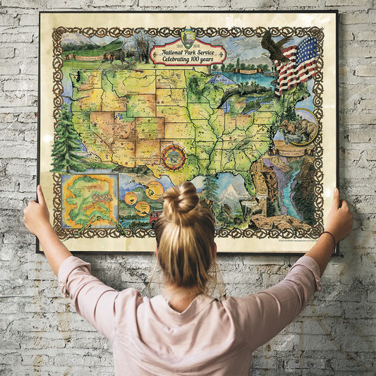 National Park Service Centenial Map 11x14" UV resistant map print designed and painted by Lisa Middleton