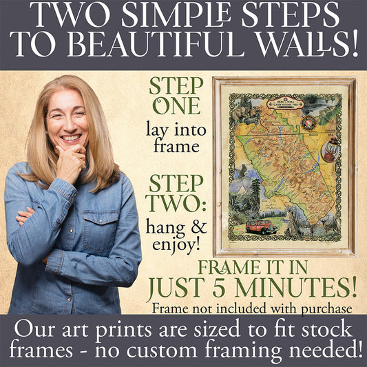 Great River Arts Glacier Hiking Historic Map Reproduction Artwork Wall Art Print Vintage