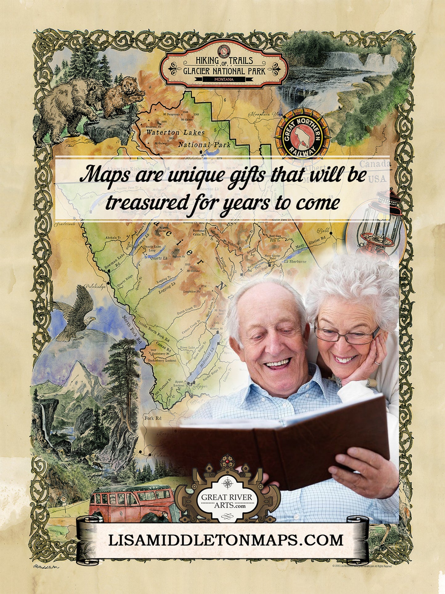 Great River Arts Glacier Hiking Historic Map Reproduction Artwork Wall Art Print Vintage