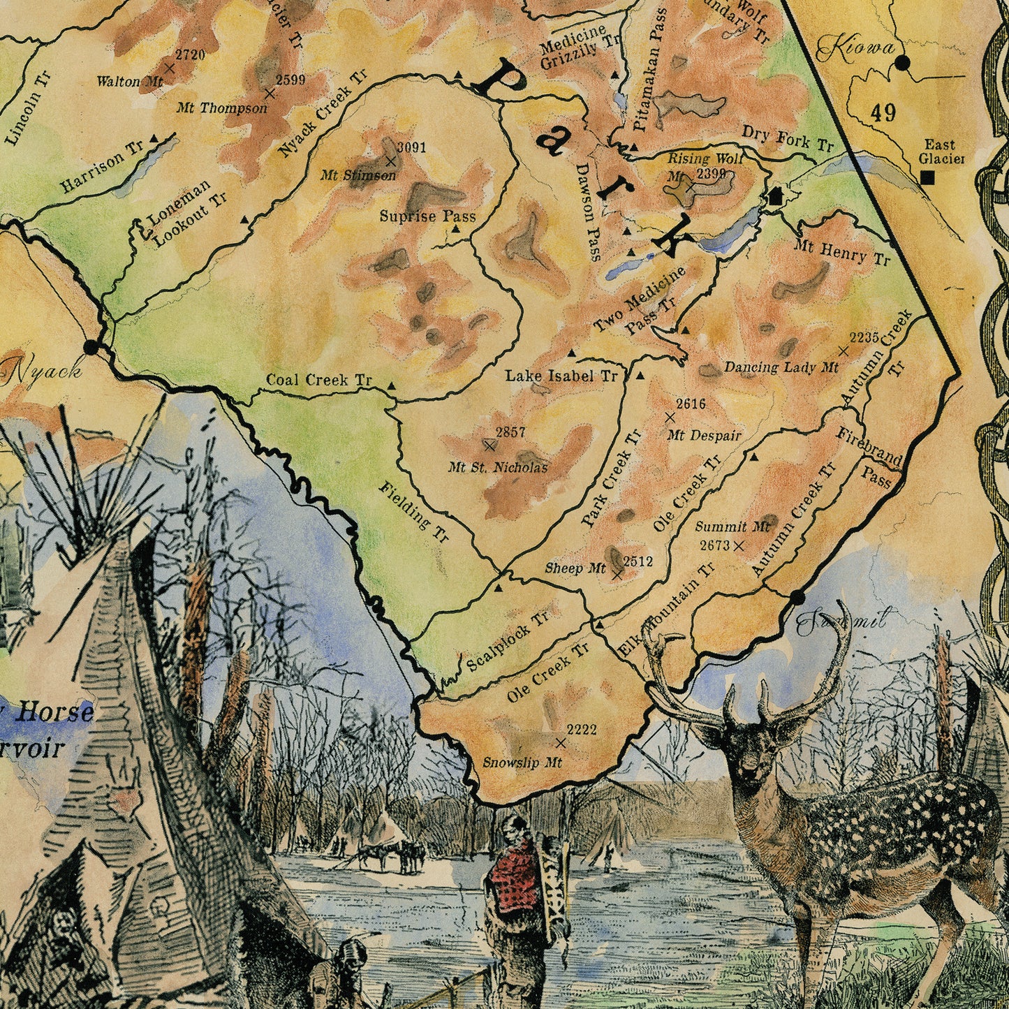 Great River Arts Glacier Hiking Historic Map Reproduction Artwork Wall Art Print Vintage