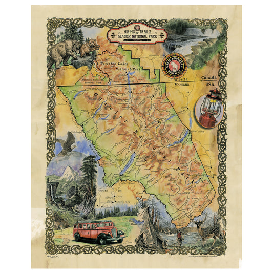 Great River Arts Glacier Hiking Historic Map Reproduction Artwork Wall Art Print Vintage