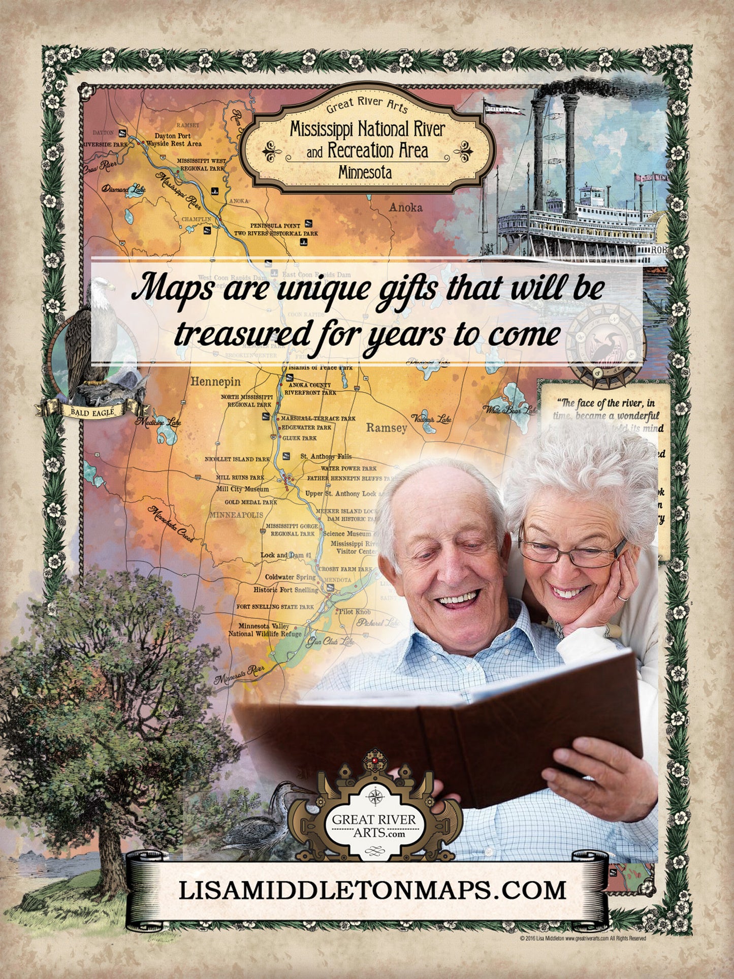 214 MNRRA Mississippi River Custom Map,wabasha,Stockholm,prescott,pepin,minneapolis,cottage grove,ellsworth,hand painted map by Lisa Middlet