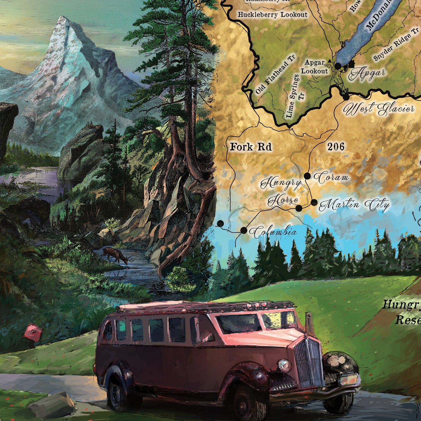 Great River Arts Glacier Hiking Digitally Painted Historic Map Reproduction Artwork Wall Art Print Vintage
