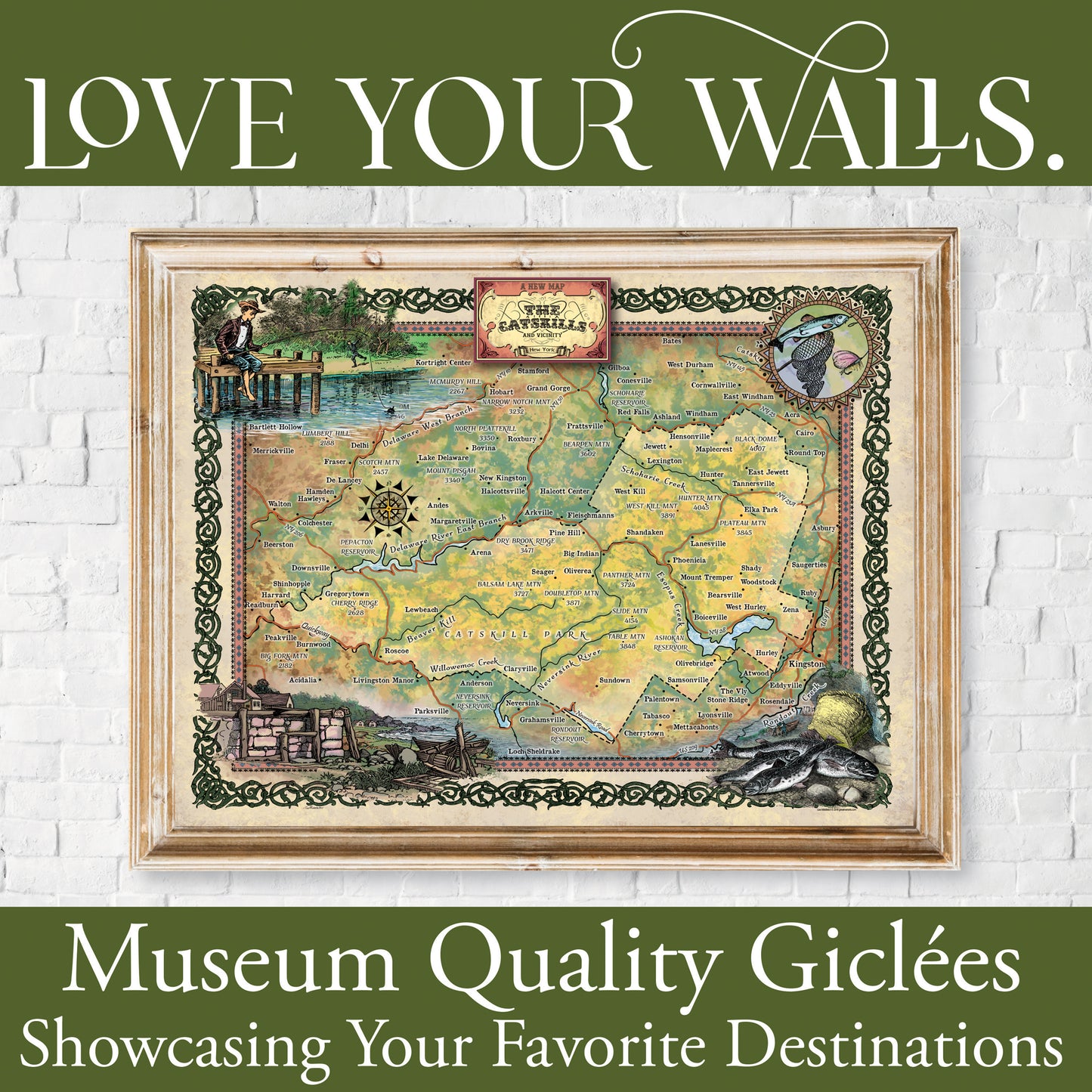 Great River Arts Catskill Mountains Historic Map Reproduction Artwork Wall Art Print Vintage