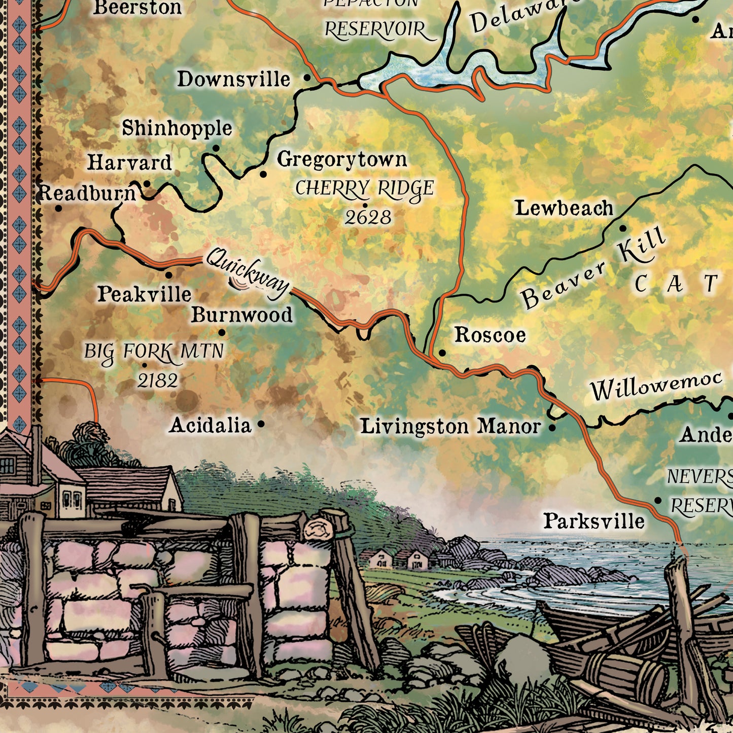Great River Arts Catskill Mountains Historic Map Reproduction Artwork Wall Art Print Vintage