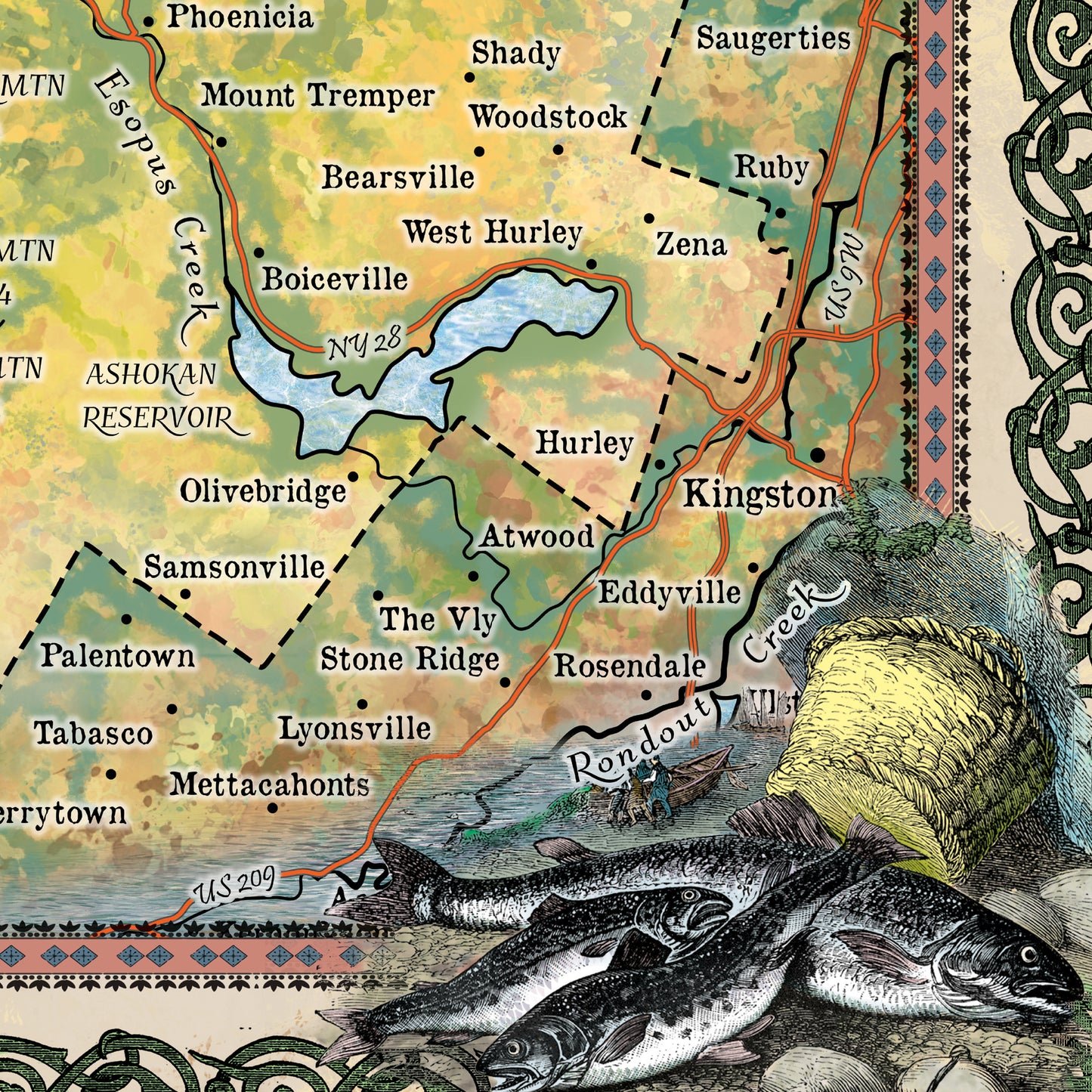 Great River Arts Catskill Mountains Historic Map Reproduction Artwork Wall Art Print Vintage