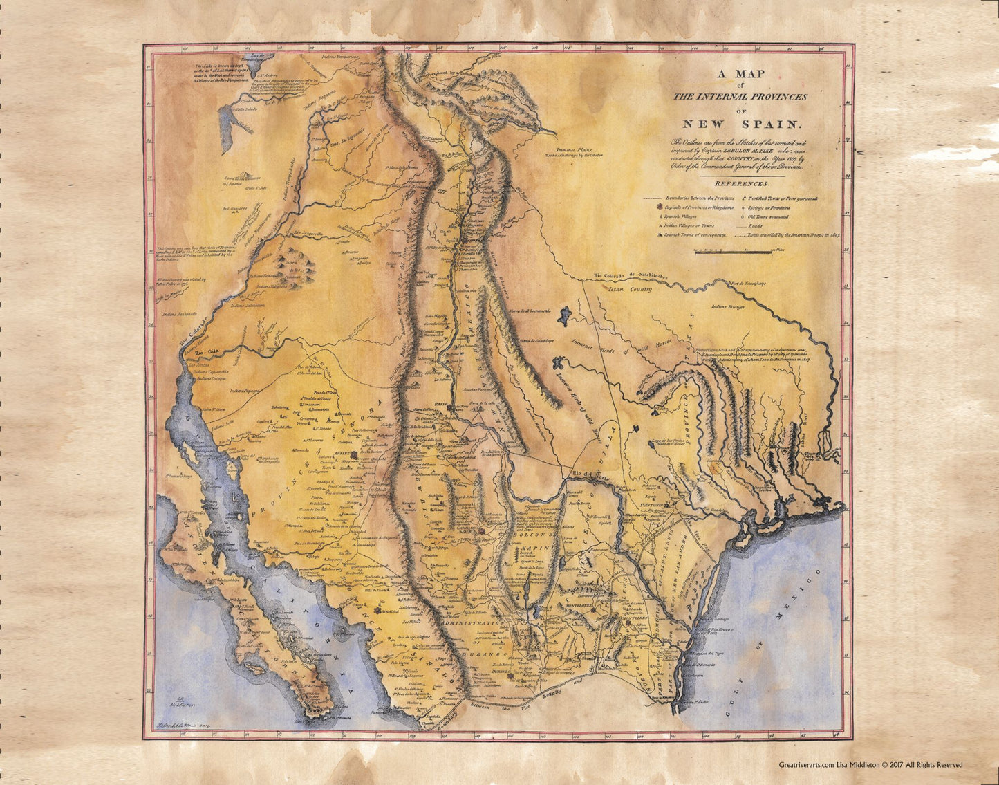 251 Pike's Map,Hand Painted Map,Historic Map,Antique Map Of New Spain,Texas,San Diego,San Antonio,New Mexico,Dallas,EI Paso by Lisa Middleto