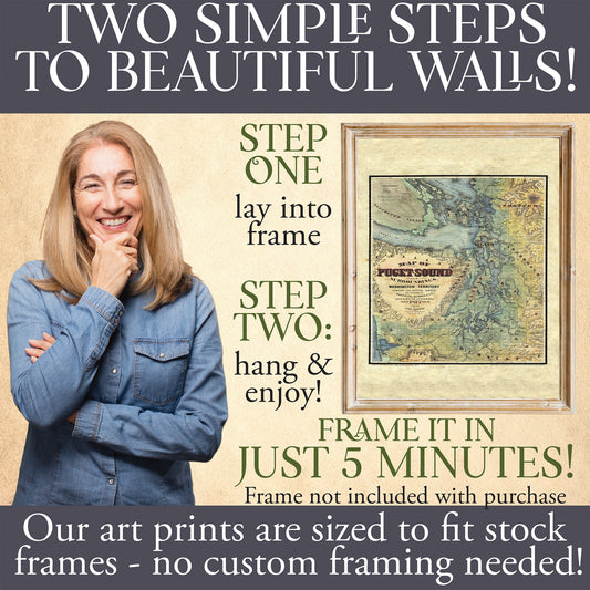Great River Arts Puget Sound Historic Map Reproduction Artwork Wall Art Print Vintage