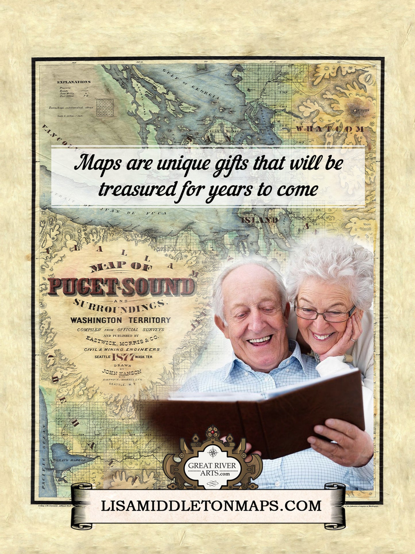 Great River Arts Puget Sound Historic Map Reproduction Artwork Wall Art Print Vintage