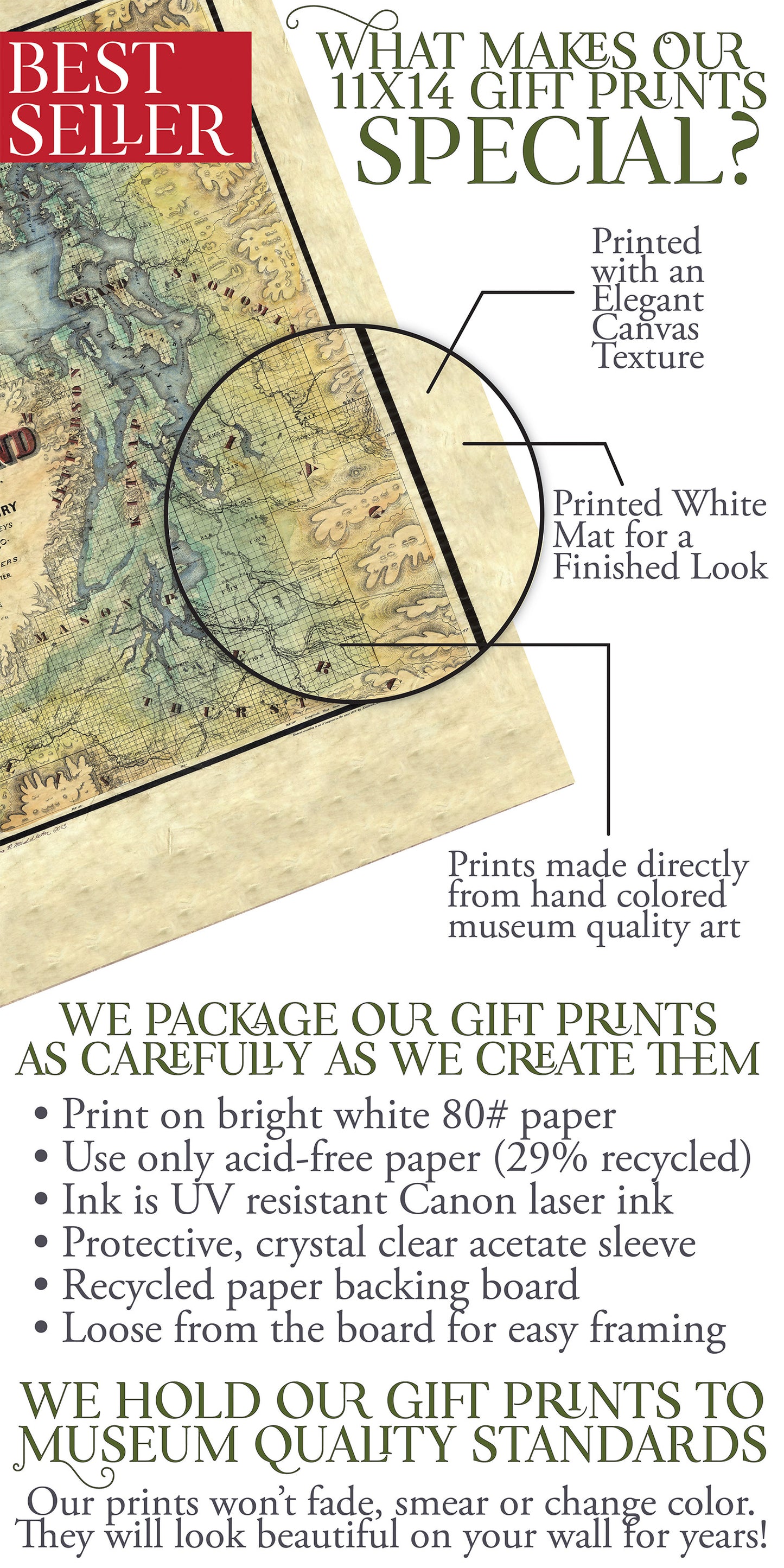 Great River Arts Puget Sound Historic Map Reproduction Artwork Wall Art Print Vintage
