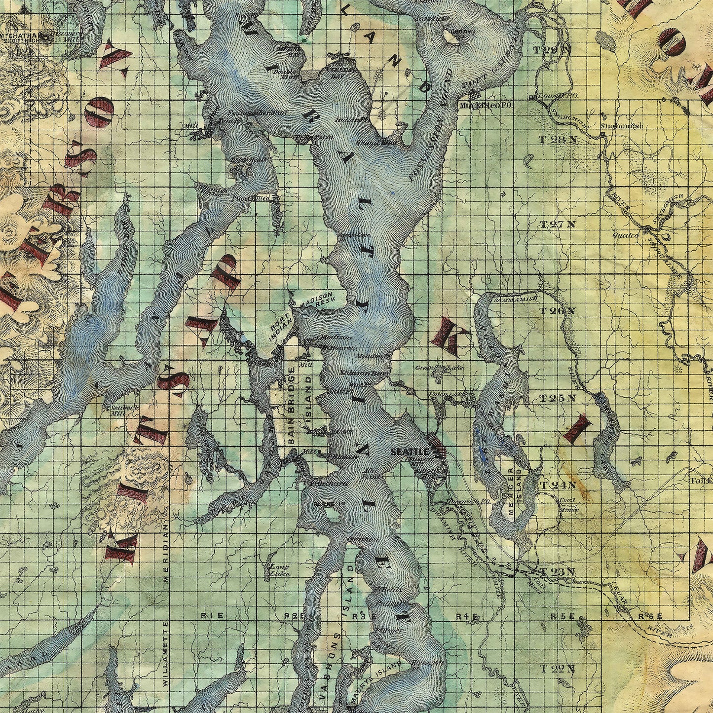 Great River Arts Puget Sound Historic Map Reproduction Artwork Wall Art Print Vintage