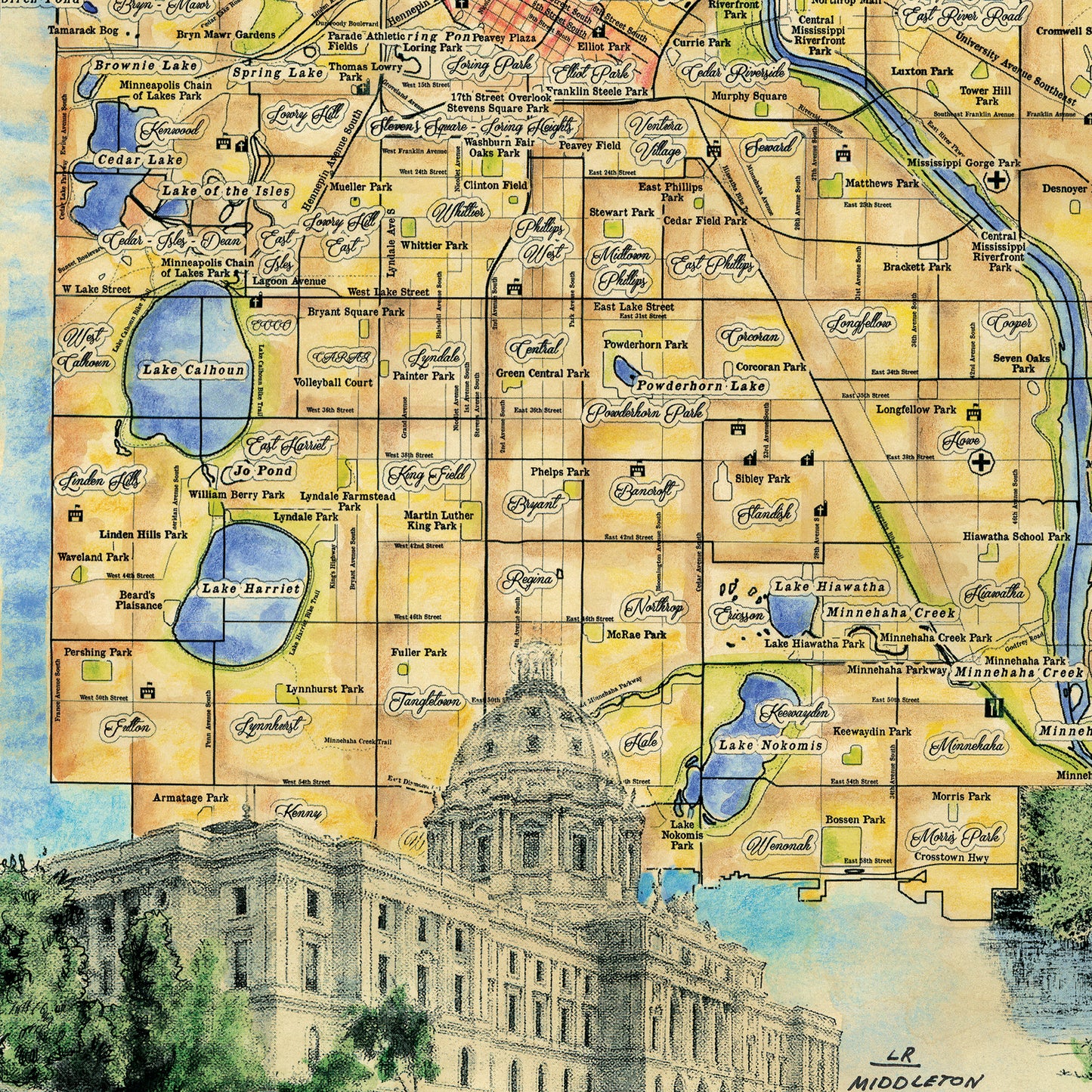 152 Parks and Neighborhoods of Minneapolis and St. Paul Minnesota vintage historic antique map poster print by Lisa Middleton