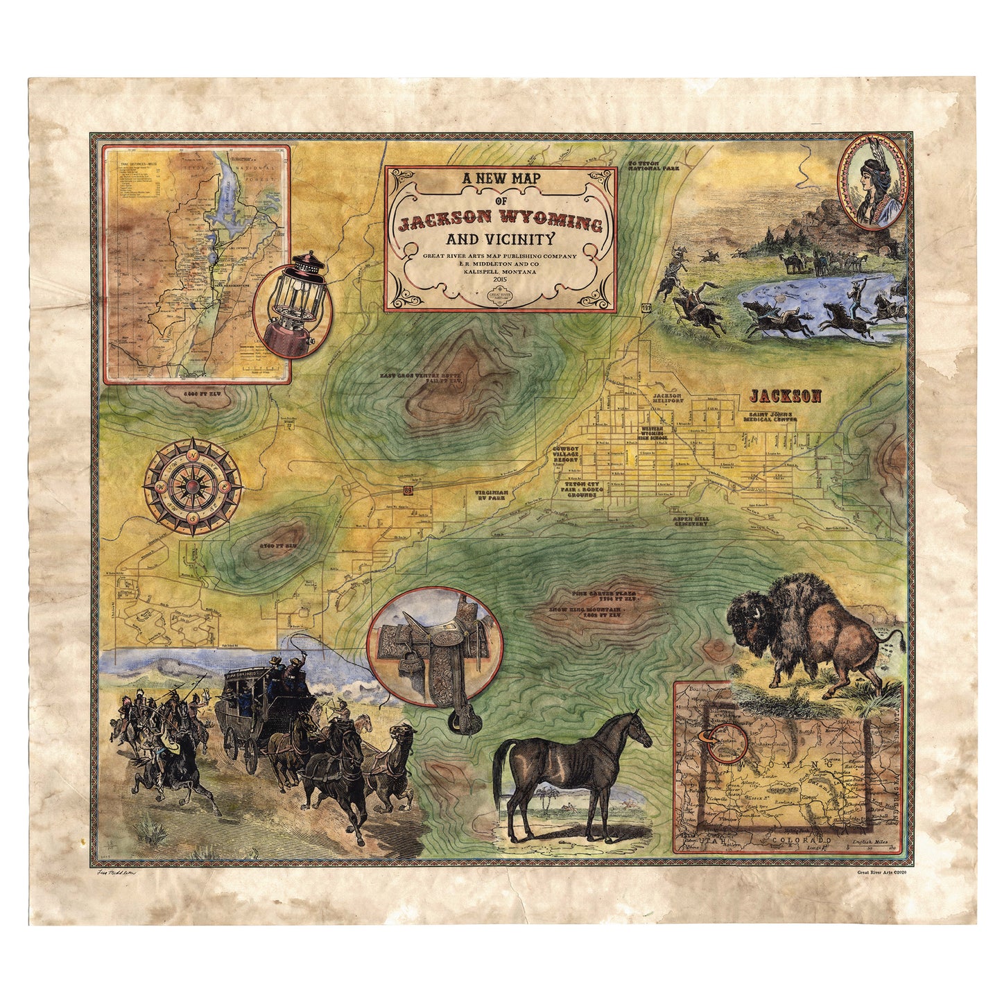 35 Jackson Wyoming and Vicinity 11x14" vintage historic antique map poster print by Lisa Middleton