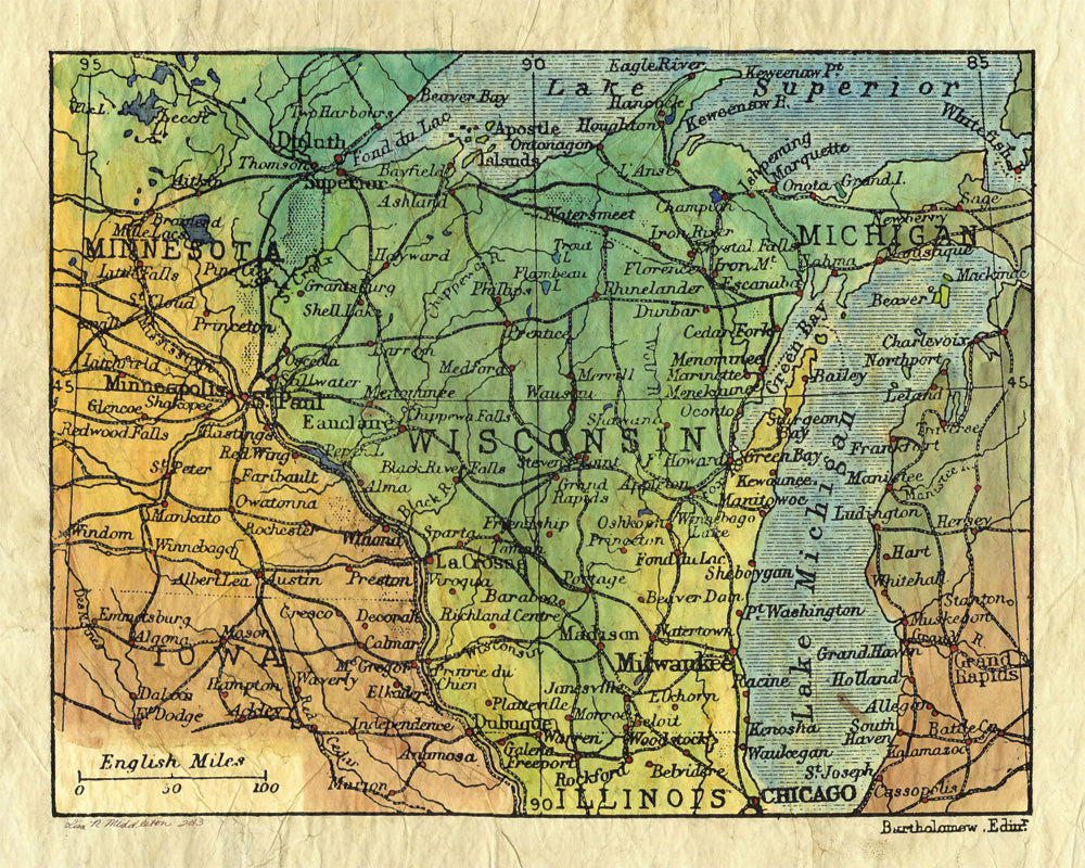 Wisconsin 1906 Historic Map Art Print Poster Reproduction Artwork Vintage Style Unframed Abstract Map Wall Art - Great Home Decor and Gift
