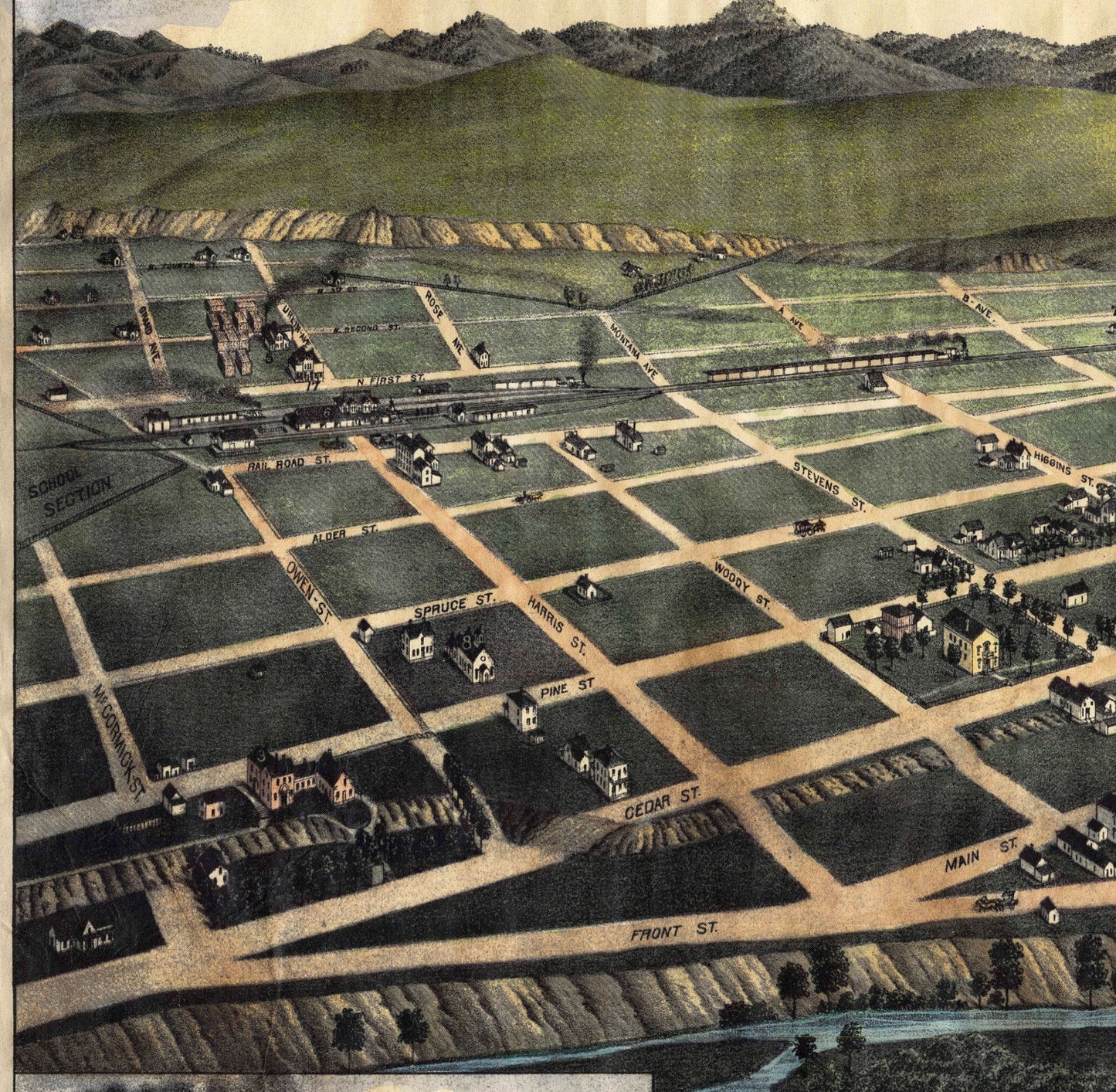 076 Missoula 1884 Montana 11 x 14" bitterroot map,Hand Painted Map,Historical Map,Vintage Map,Great River Art,Antique Map, By Lisa Middleton