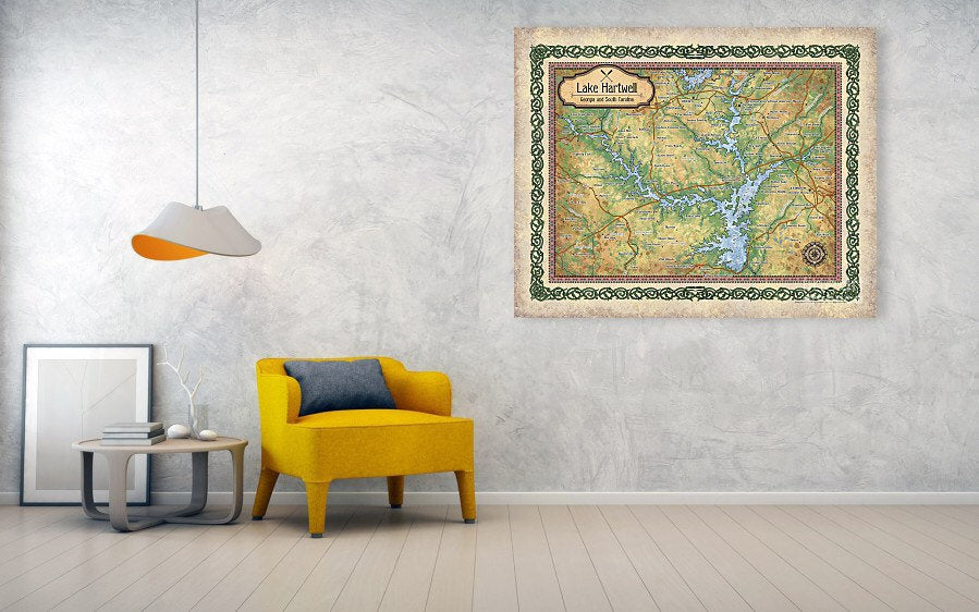 Lake hartwell, Georgia lakes, lake life, lake house, lake art, lake gifts, hartwell lake SC, SC lake map, vintage map, map gifts, lake gifts