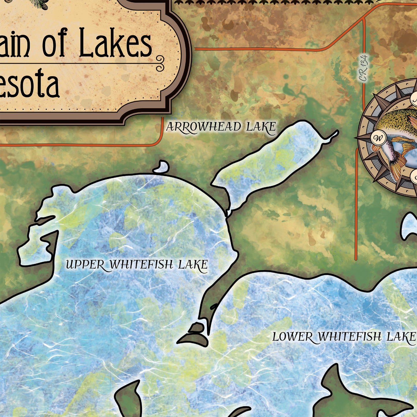 Great River Arts Whitefish Chain of Lakes No Illustrations Historic Map Reproduction Artwork Wall Art Print Vintage