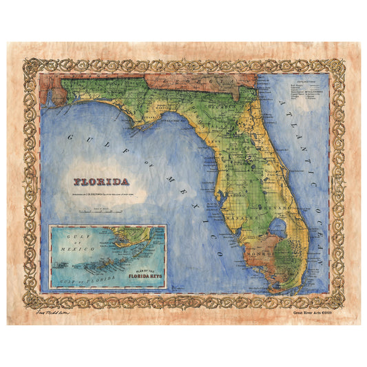 Great River Arts Historical Vintage Florida Colton Historic Map Reproduction Artwork Wall Art Print Vintage