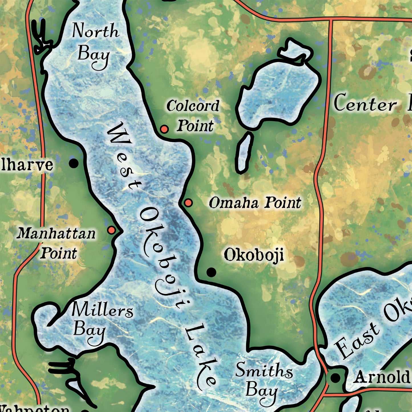Great River Arts Spirit Lake and Lake Ookoboji Historic Map Reproduction Artwork Wall Art Print Vintage