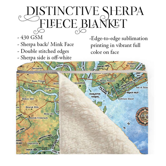 Charleston South Carolina Map Art Throw Blanket Sherpa Fleece Vintage Map Artwork Warm Blanket for Winter Travel Bed Sofa Chair Dorm & Gift