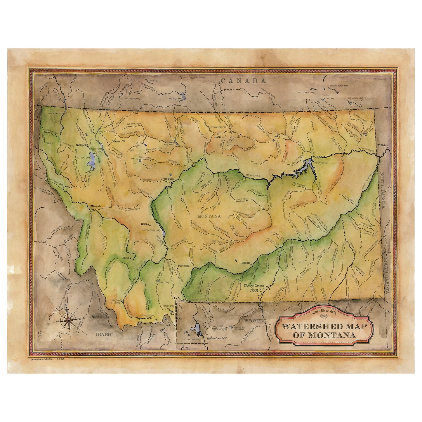 278-Custom map of Montana waterways, Wyoming,miles city,lake flathead,Kalispell,bozeman,vintage map by Lisa Mid