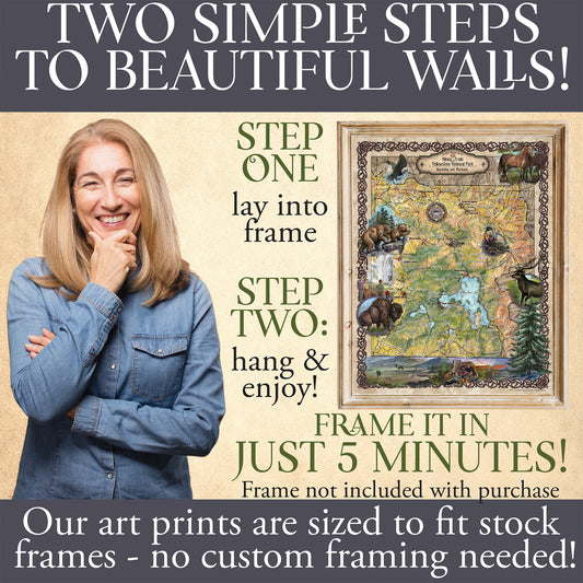 yellowstone, yellowstone map, yellowstone art, national park, hiker gift, wyoming gifts, montana maps, wyoming gifts, buffalo, western map