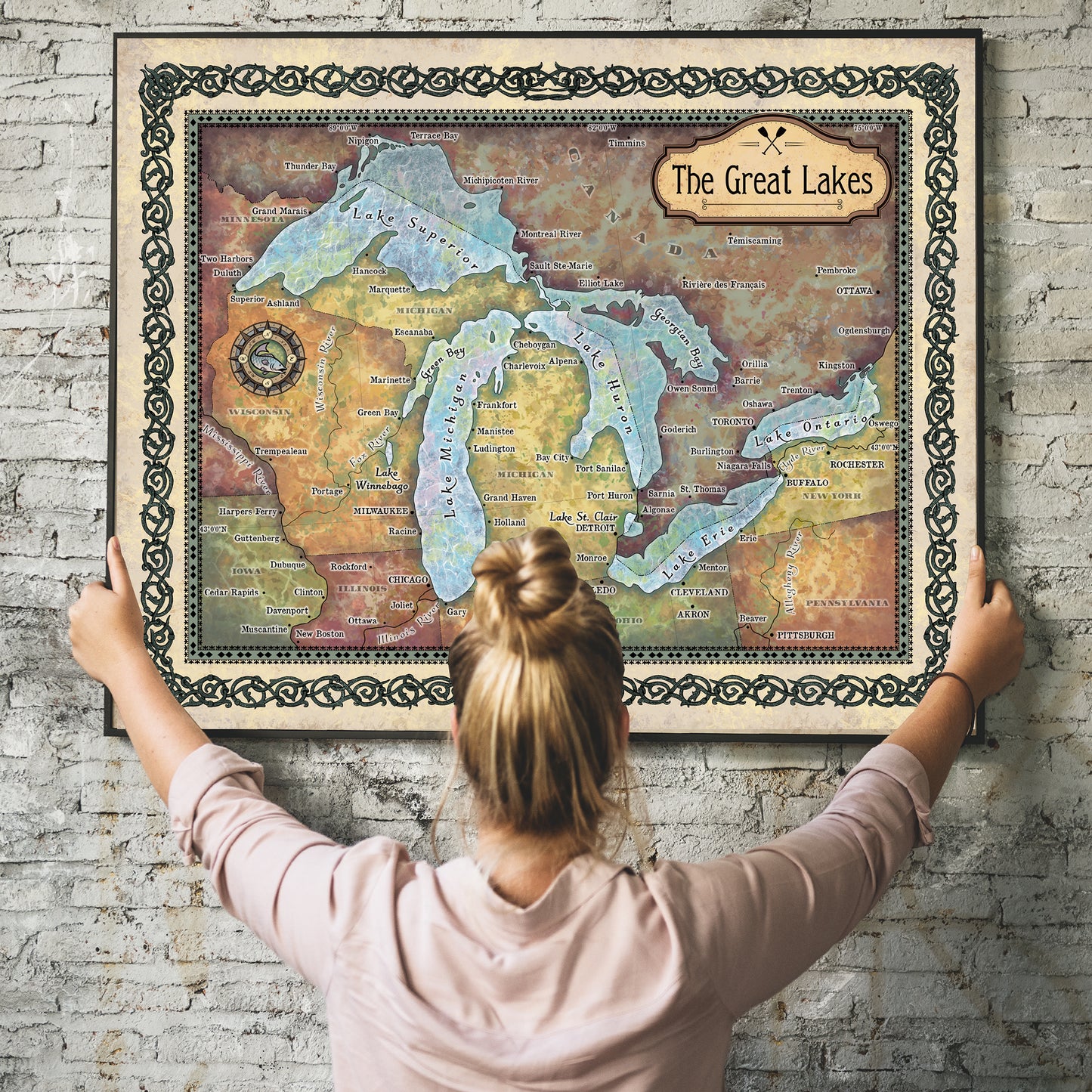Great lakes map, lake superior, Michigan, Erie, Huron, Canada map, lake art, rustic decor, great lakes decor, cabin art, lake art, wall map