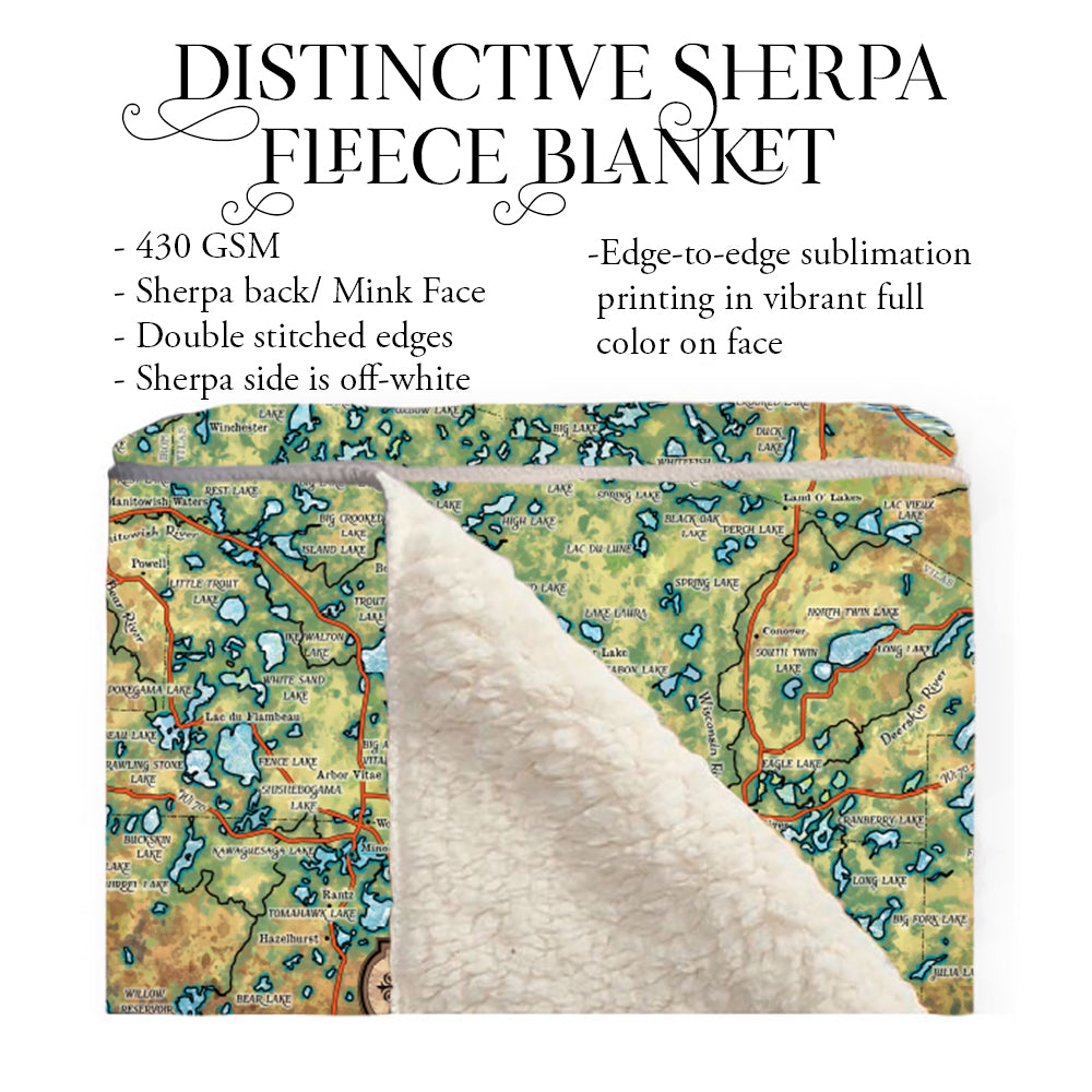 Lakes Of Vilas County Wisconsin Historic Map Art Throw Blanket Polar/ Silky/ Sherpa Fleece Vintage Blanket For Bed Sofa Couch Travel & Gift