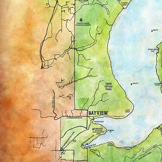 68 Lake Pend Oreille Idaho 11x14" Vintage Map Prints,Vintage Map Poster,Hand Painted Map,Historic Map,Antique Map,Great River Arts By Lisa M