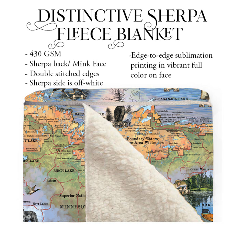 Hiking Canoing Boundary Waters Minnesota Map Blanket Double Stitched Edges Cozy Luxury Fluffy Super Soft 430 GSM Polyester Throw Blanket
