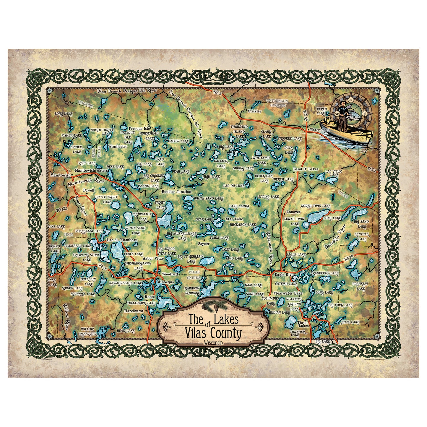 Great River Arts Lakes of Vilas County Historic Map Reproduction Artwork Wall Art Print Vintage