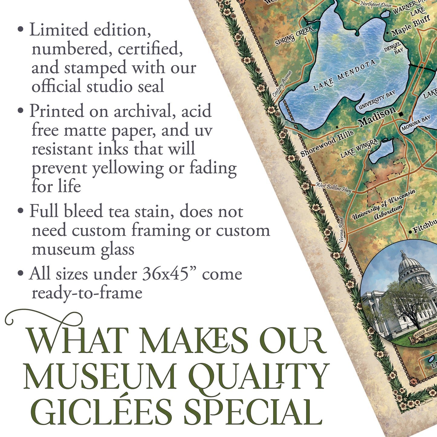 Great River Arts The Lakes of Madison Wi Historic Map Reproduction Artwork Wall Art Print Vintage
