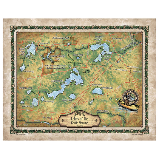 Great River Arts Lakes of The Kettle Moraine Historic Map Reproduction Artwork Wall Art Print Vintage
