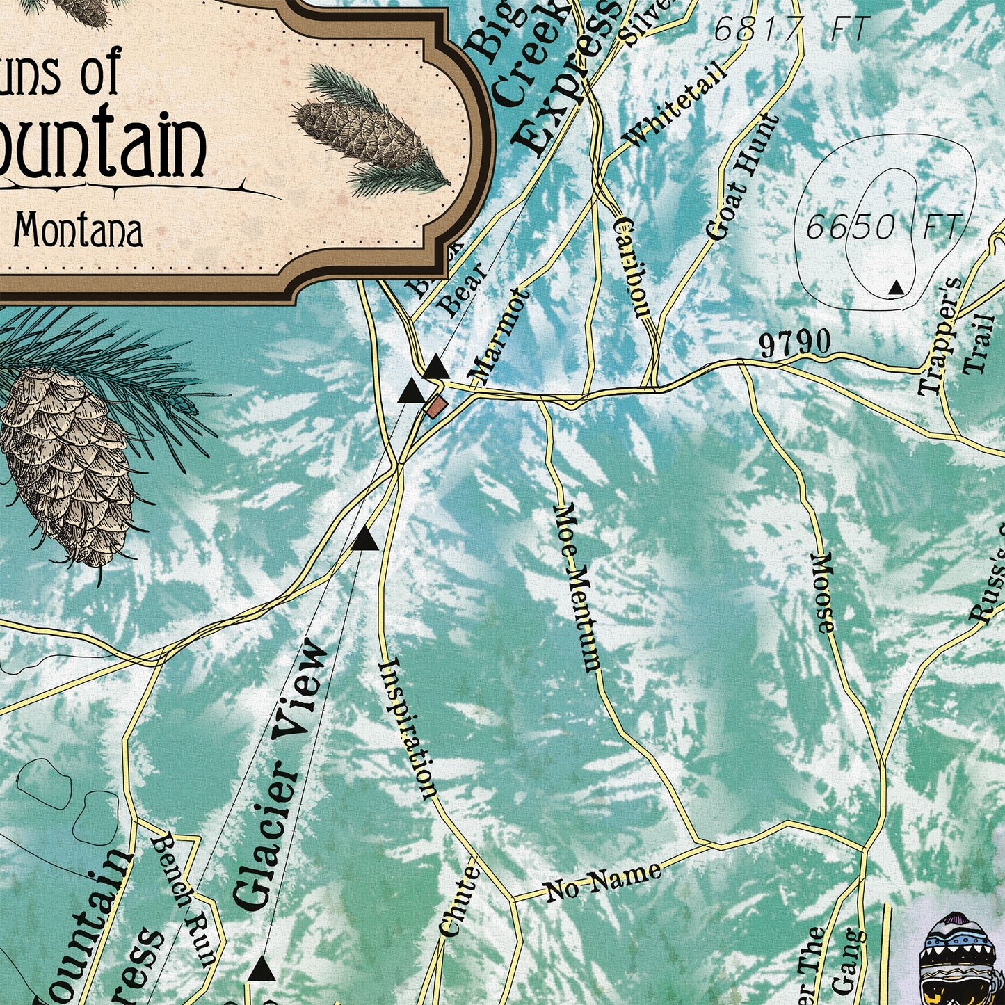 Great River Arts Whitefish Ski Runs Historic Map Reproduction Artwork Wall Art Print Vintage